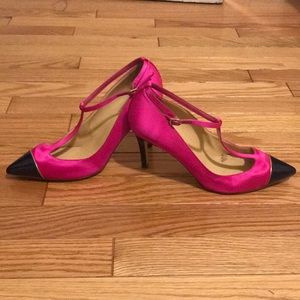 Everlasting Satin T-Strap Fuschia and Navy Pumps